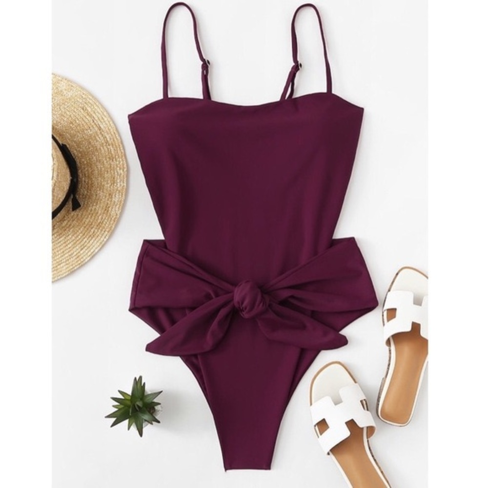 One Piece Tie Front Maroon Swimsuit